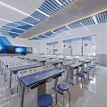 School Science Lab With Blue Cabinets Desks Computer And Large Windows