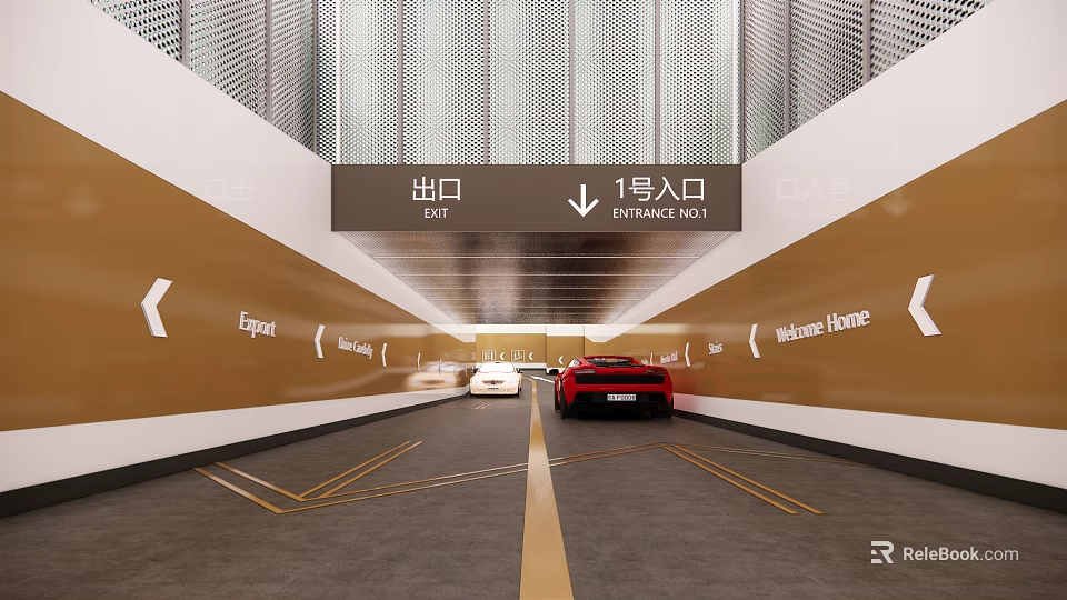 Parking Garage Entrance And Exit With Vehicles On Yellow Guide Lines Lane 3d model 