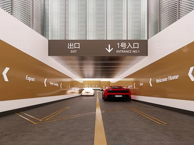 Parking Garage Entrance And Exit With Vehicles On Yellow Guide Lines Lane 3d model