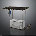 Simple Street Vendor Stall With White Concrete Base Wooden Plank Roof And Blue Bag
