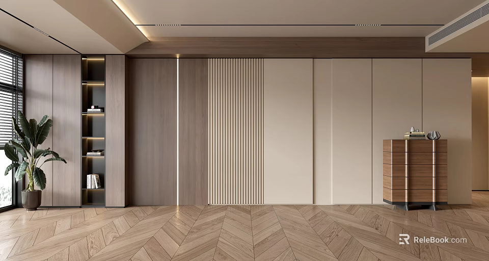 Modern Sofa Background Wall Interior Design With Wooden Vertical Stripes Lighting And Herringbone Floor 3d model 