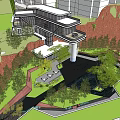 Modern Sales Office Building With Glass Facade Landscaped Garden And Water Features