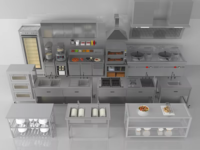 Stainless Steel Commercial Kitchen Setup With Various Appliances Cabinets And Worktables 3d model