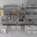 Stainless Steel Commercial Kitchen Setup With Various Appliances Cabinets And Worktables