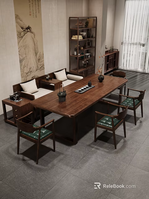 Traditional Chinese Luohan Bed Solid Wood Frame With Green Cushioned Chairs And Side Table 3d model