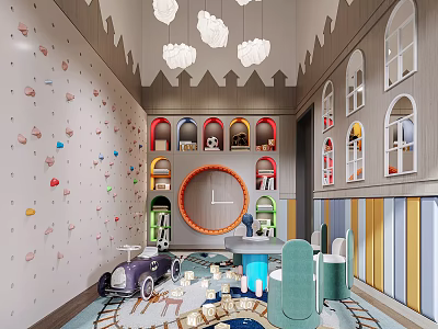 Kids Play Area With Climbing Wall Toy Cars Circular Structure Colorful Cabinets And Cloud Lights 3d model