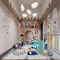 Kids Play Area With Climbing Wall Toy Cars Circular Structure Colorful Cabinets And Cloud Lights