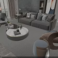 Elegant Modern Sofa Coffee Table Set With Gray Upholstery Round Marble Top And Decorative Pillows