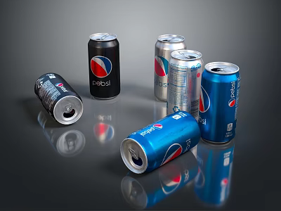 Blue and Black Pepsi Cola Beverage Cans Arranged on Reflective Surface 3d model