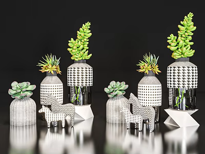Decorative Ornament Set With Geometric Vases Succulent Plants And Animal Figurines On Shiny Surface 3d model