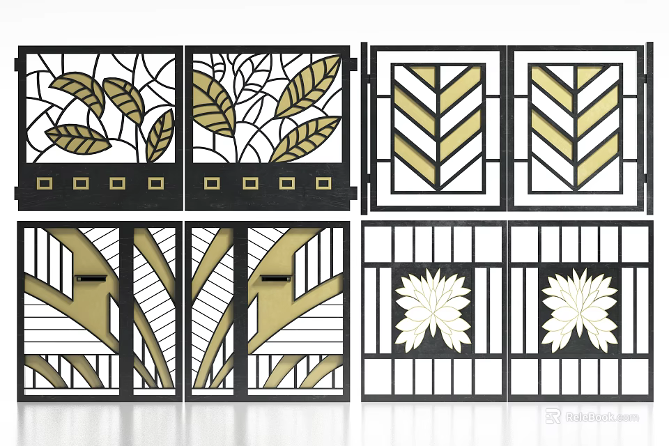 Elegant Modern Entrance Gate Design With Iron Art Gold Leaf And Geometric Patterns 3d model 