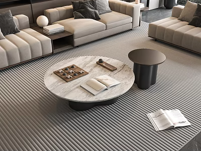 Round Marble Coffee Table In Modern Living Room With Chessboard Books And Side Table 3d model