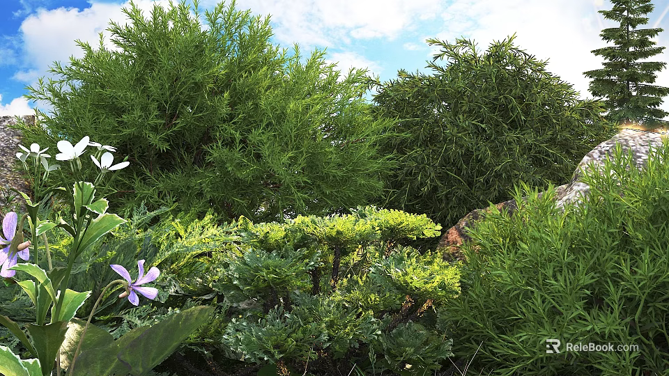 Lush Green Shrubs In Outdoor Garden With Various Foliage And Purple Flowers 3d model 
