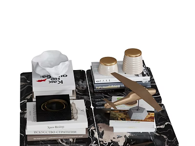 Decorative Ornament Set With Tissue Box Golden Cups Airplane Model And Stacked Books 3d model