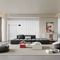 Modern Living Room Interior Design With Black Sofa Floor Lamp White Curtains And Artwork