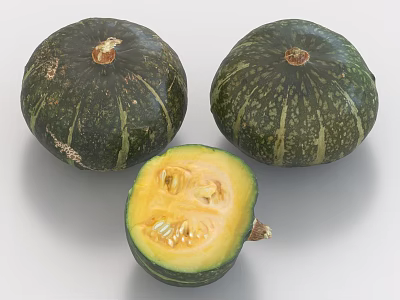 Fresh Green Pumpkins With Whole And Sliced Parts Showing Yellow Flesh And Seeds 3d model