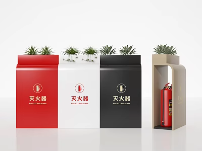 Various Colored Fire Extinguisher Cabinets With Green Plants On Top And Open Beige Case 3d model