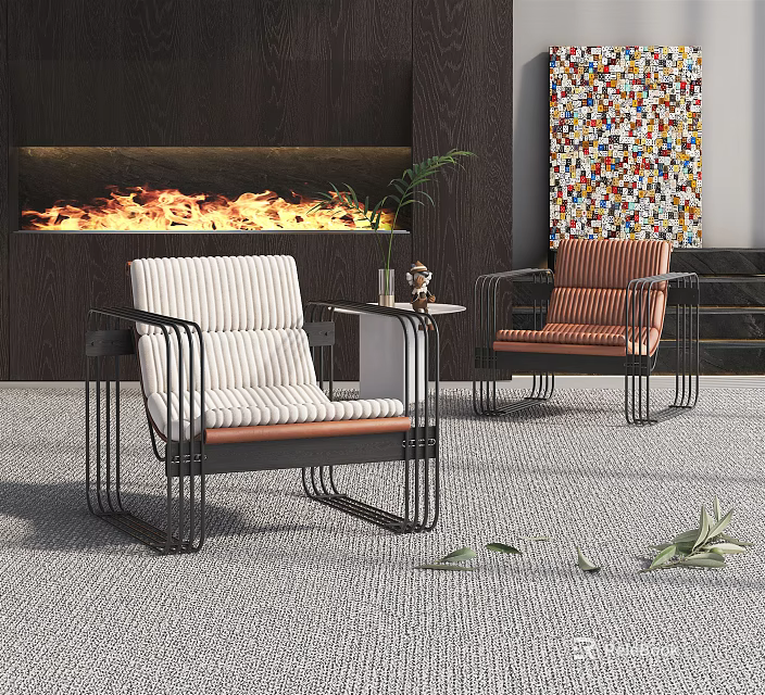 Modern Chair And Side Table Set Metal Frame Striped Brown Upholstered Fireplace Colorful Art Greenery 3d model 