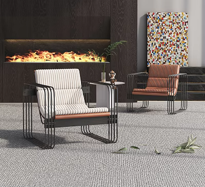 Modern Chair And Side Table Set Metal Frame Striped Brown Upholstered Fireplace Colorful Art Greenery 3d model