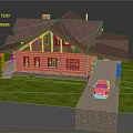 Wooden Log Residential House With Gabled Roof Green Lawn And White Car On Stone Driveway