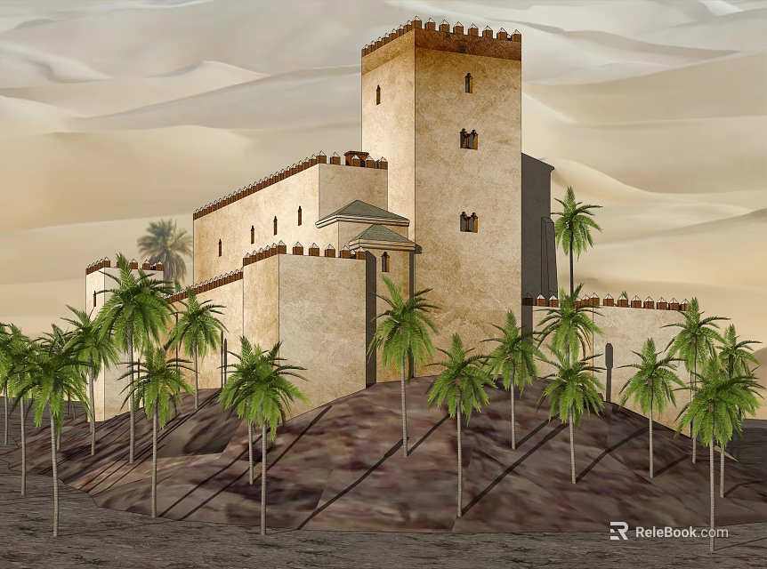Ancient Desert Castle With Stone Walls And Tower Surrounded By Lush Palm Trees 3d model 