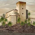 Ancient Desert Castle With Stone Walls And Tower Surrounded By Lush Palm Trees