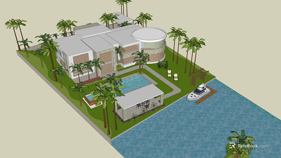 Detached Villa With Modern Design Palm Trees Swimming Pool And Waterfront Boat Dock 3d model 