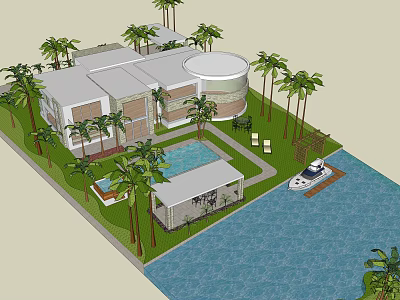 Detached Villa With Modern Design Palm Trees Swimming Pool And Waterfront Boat Dock 3d model
