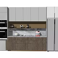Modern Kitchen With Gray Upper And Wooden Lower Cabinets Marble Countertop Wine Glasses Coffee Machine