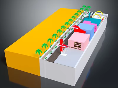 Cartoon Scene With Yellow Area Green Palm Trees Colorful Buildings Red Structure And White Path 3d model