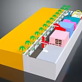 Cartoon Scene With Yellow Area Green Palm Trees Colorful Buildings Red Structure And White Path