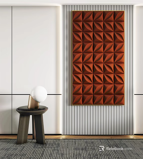 Modern Interior With Brown Geometric Wall Decor Dark Table And White Spherical Lamp 3d model