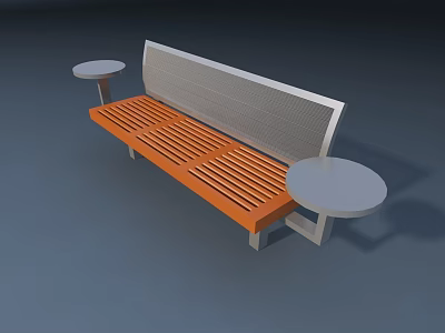 Outdoor Bench With Orange Slatted Seat Gray Metal Backrest And Two Round Side Tables 3d model