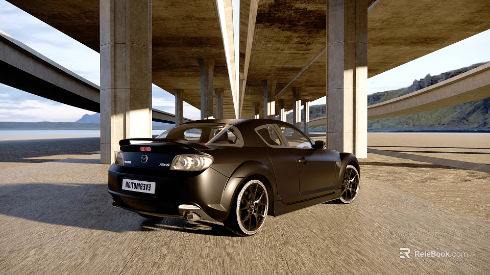 Black Mazda Sports Car Parked Under Concrete Bridge With Scenic Mountain View 3d model 