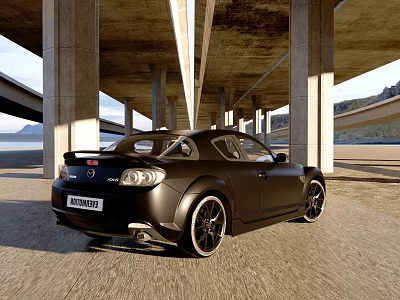 Black Mazda Sports Car Parked Under Concrete Bridge With Scenic Mountain View 3d model