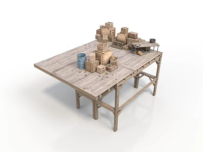 Wooden Table With Miniature Building Models Blue Barrel And Small Objects 3d model