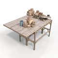Wooden Table With Miniature Building Models Blue Barrel And Small Objects 3d model