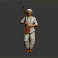 Man In Traditional Turban And Attire Holding Sitar Standing On Gray Background