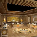 Traditional Temple Interior with Wooden Structure Ornate Mural Altar Table and Intricate Carpet