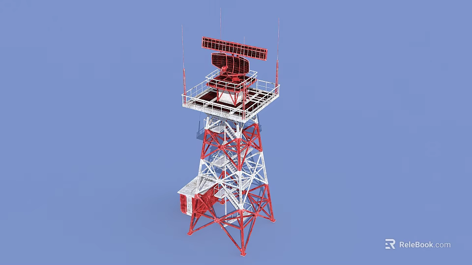 Red And White Industrial Communication Tower With Metal Platform And Antennas 3d model 