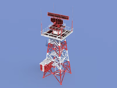 Red And White Industrial Communication Tower With Metal Platform And Antennas 3d model
