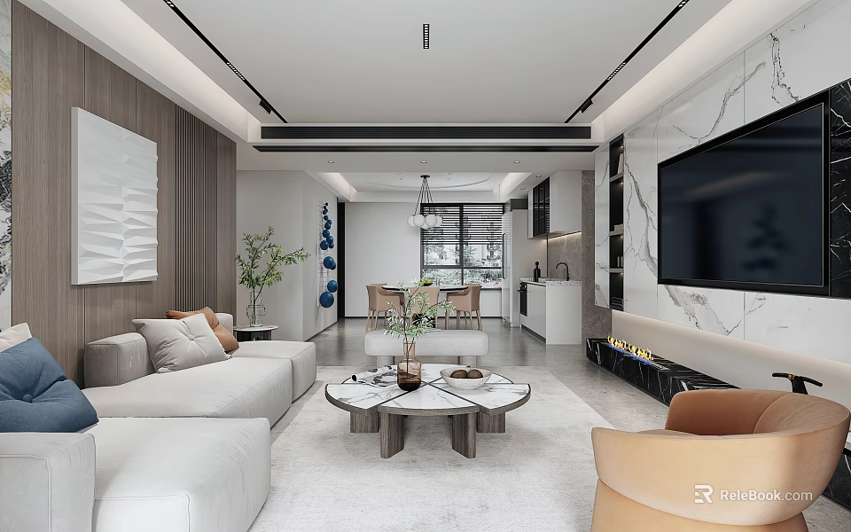 Modern Living and Dining Room Interior With White Sofa Coffee Table TV Wall Dining Table And Chandelier 3d model 