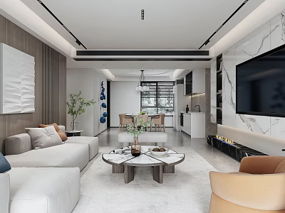 Modern Living and Dining Room Interior With White Sofa Coffee Table TV Wall Dining Table And Chandelier 3d model
