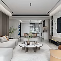 Modern Living and Dining Room Interior With White Sofa Coffee Table TV Wall Dining Table And Chandelier