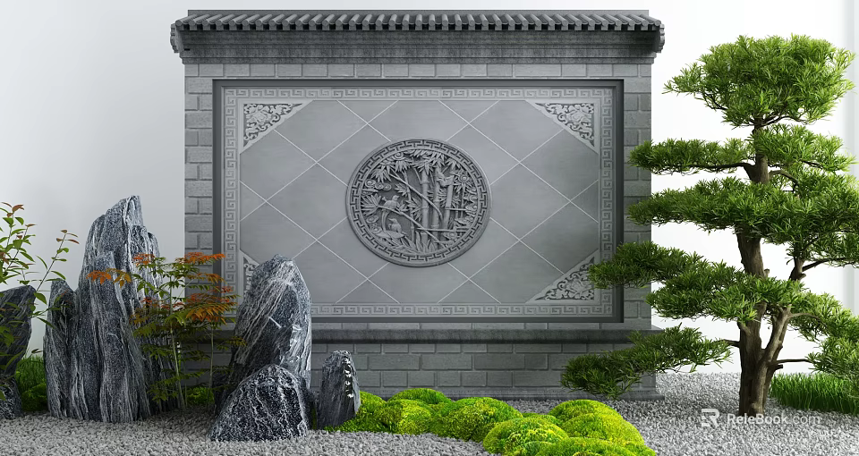 Courtyard Garden Design with Gray Wall Circular Bamboo Relief Rockery Green Shrubs and Pine Tree 3d model 