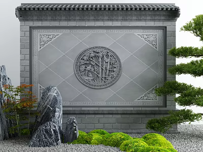 Courtyard Garden Design with Gray Wall Circular Bamboo Relief Rockery Green Shrubs and Pine Tree 3d model