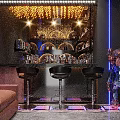 Stylish Bar Interior With Colorful Lighting High Tables And Comfortable Chairs