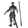Game Movie Character With Detailed Metallic Armor And Polearm Weapon Standing Pose Design Details