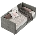 Modern Gray Fabric Kids Bed With Cozy Pillows And Soft Blanket Design