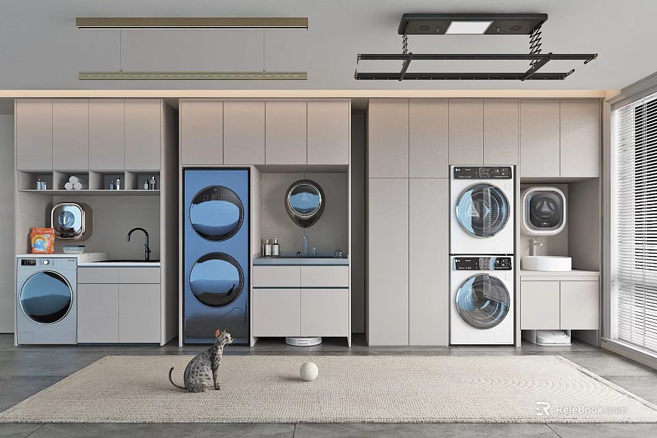 Modern Functional Home Balcony Interior With Washing Machine Storage Cabinets And Cat On Rug 3d model 